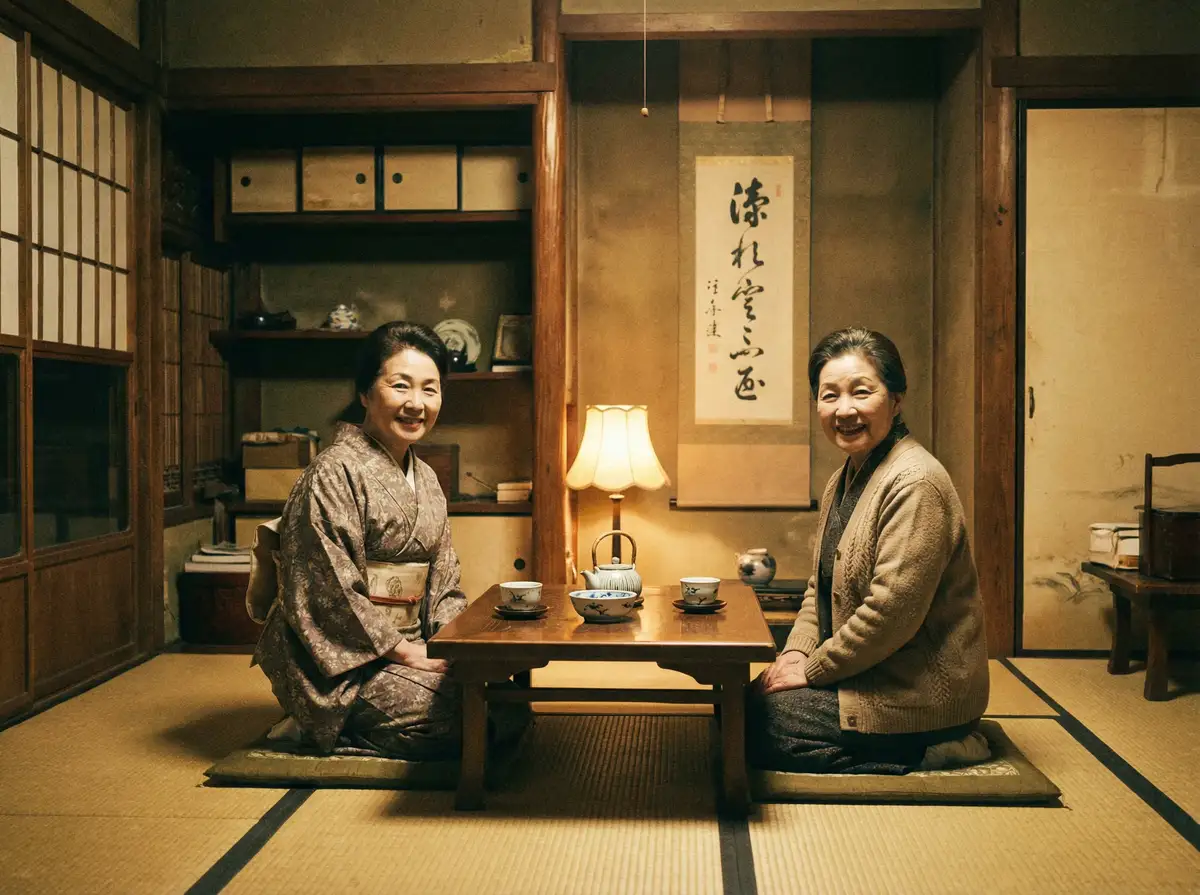 两位优雅的 暗夜行者在线观看 在日式茶室中品茶交谈